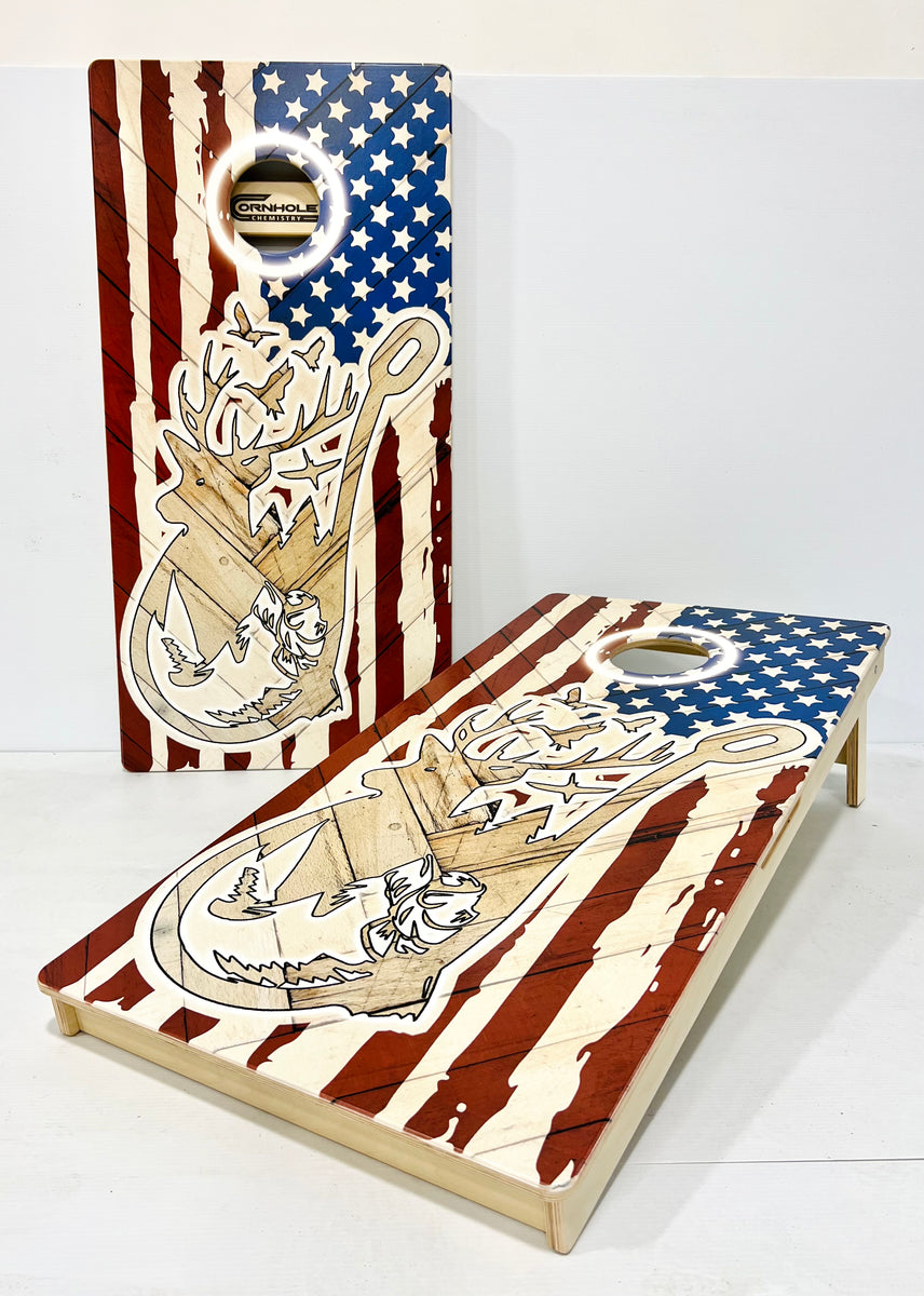 Hunting Fishing American Flag Pro Style Cornhole Boards Cornhole