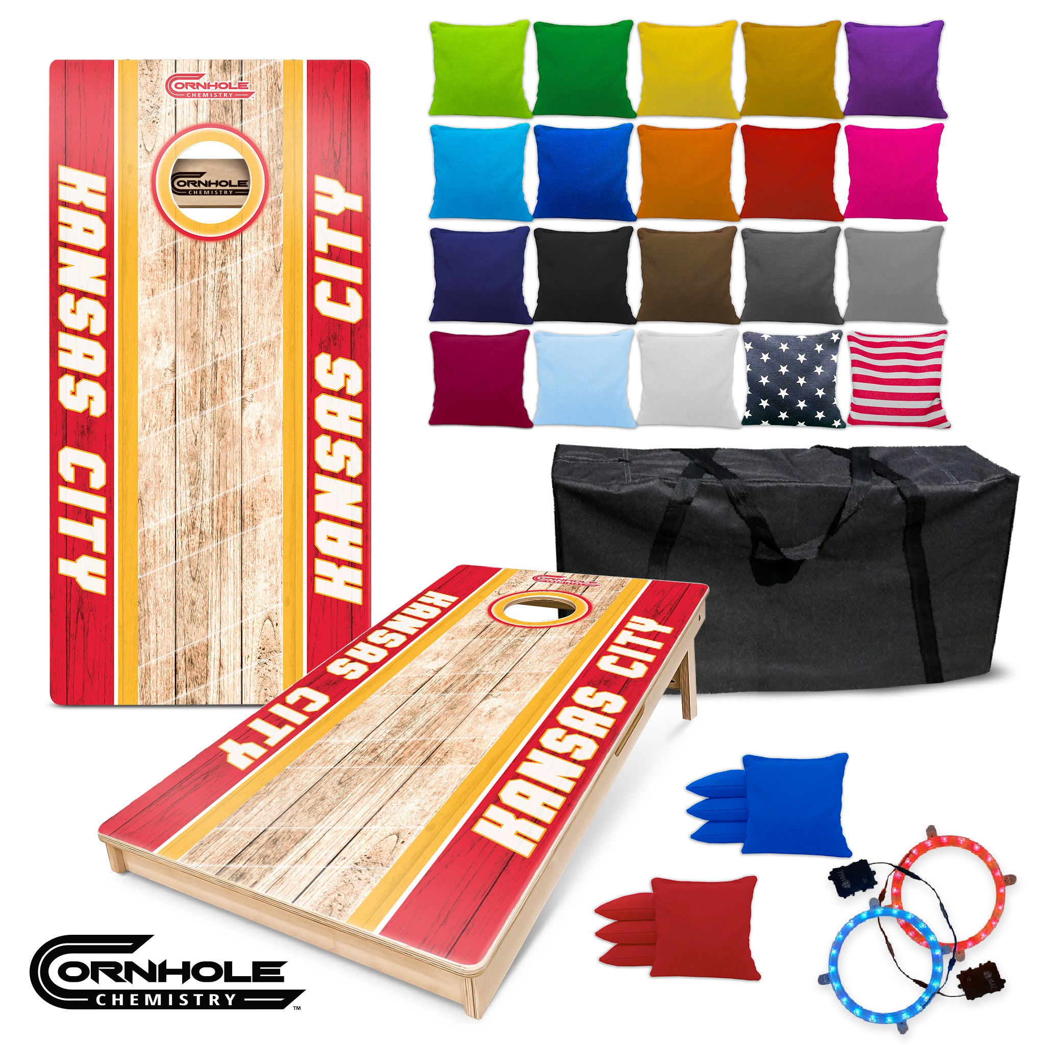All Displayed With Kansas City Cornhole Boards - Red/Yellow Wooden Regulation