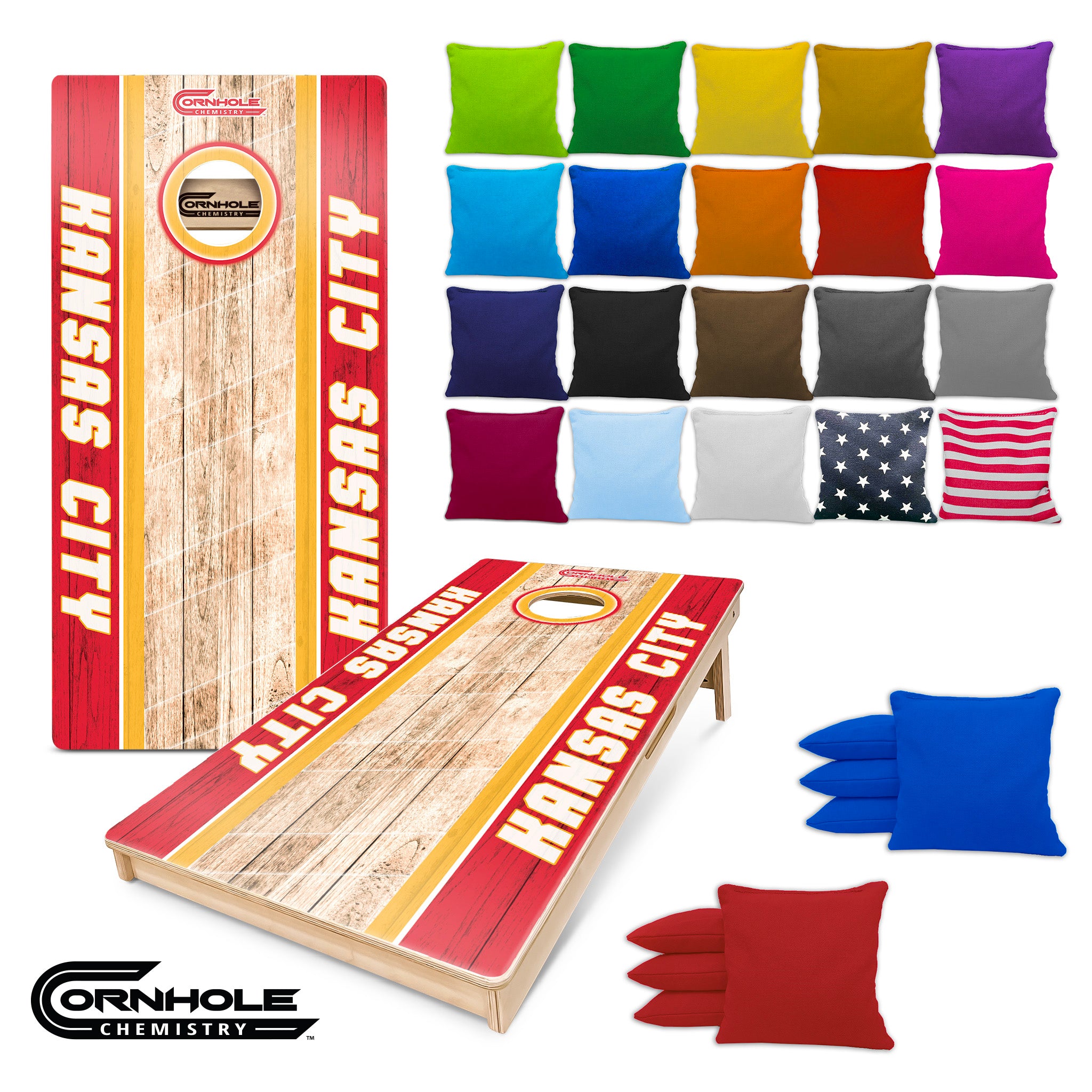 Kansas City Cornhole Boards - Red/Yellow Wooden Regulation Displayed with bags